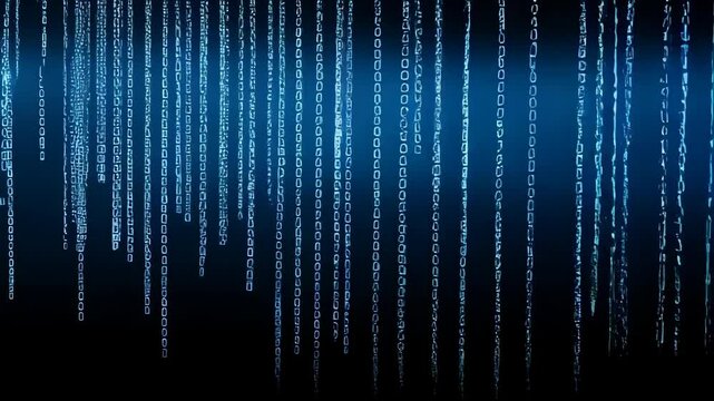 Digital rain of binary code, falling zero and one digits in a dark environment, technology themed background