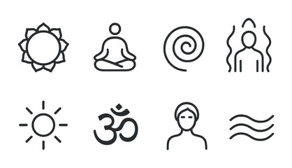 Meditation and yoga line icons set – outline, tranquility, relaxation symbols