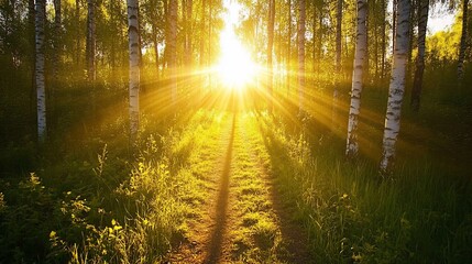 Fototapeta premium Sunlight streams through birch trees (2)