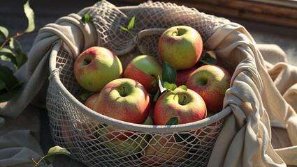 Photorealistic image of a mesh produce bag with peppers