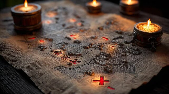 Ancient treasure map with candles on wooden table