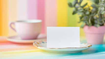 A blank white folded small name card place on a pastel rainbow decoration table.