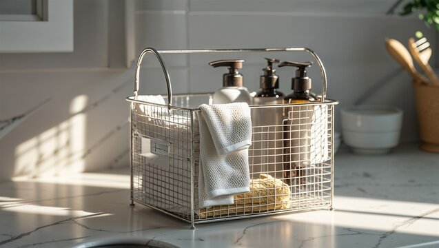 Photorealistic image of a mesh caddy with dishcloths