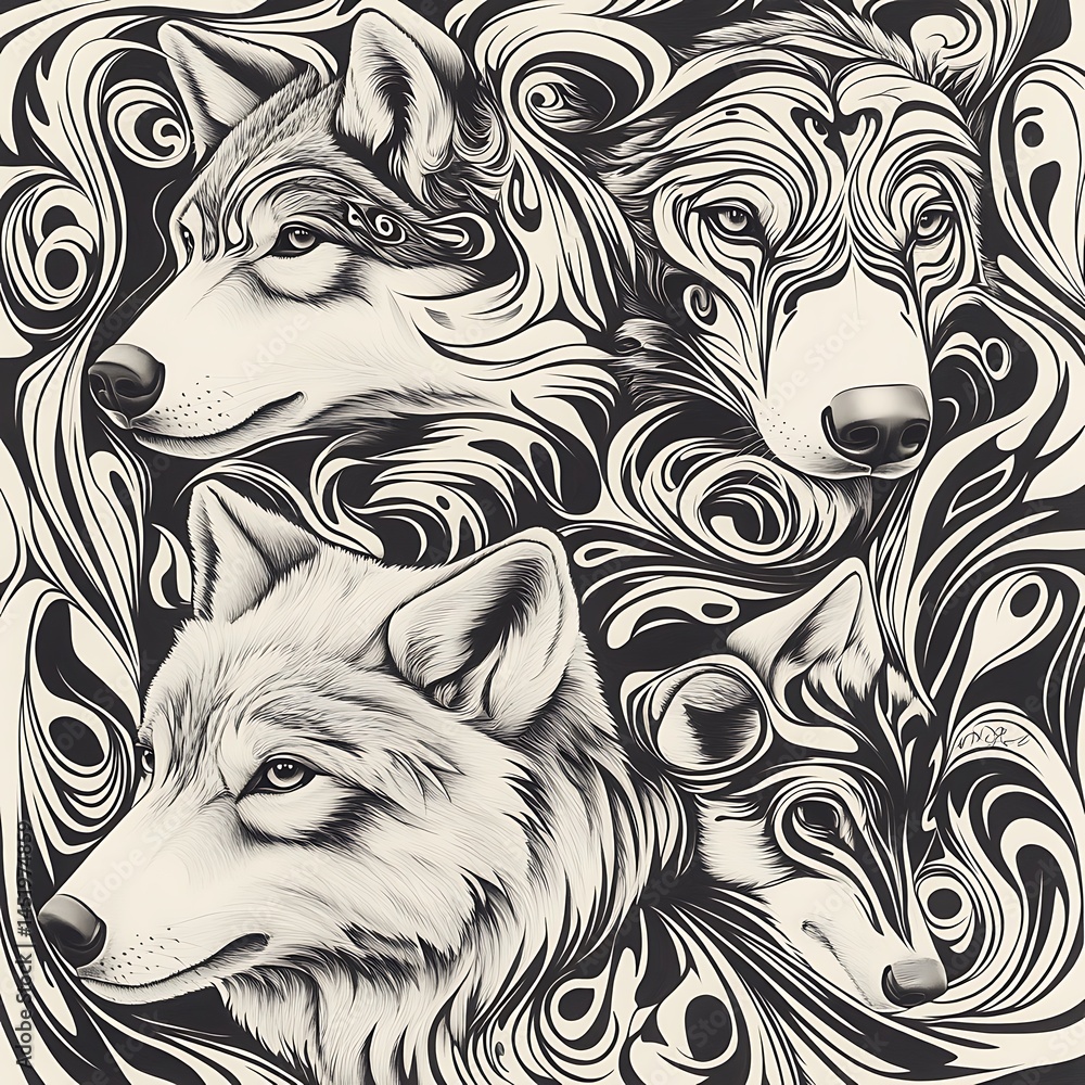 Aufkleber close up view of three wolf heads intricately interwoven with swirling, black and white abstract pat