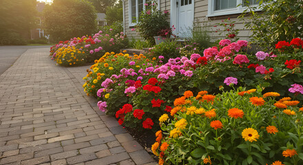 Lush Front Yard Garden With Colorful Blooms And Brick Walkway In Evening Sun
