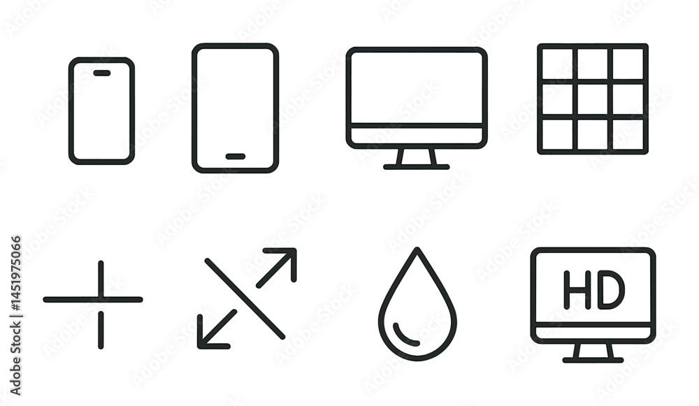 Poster technology gadget outline icons set – linear, devices, interfaces and tech symbols