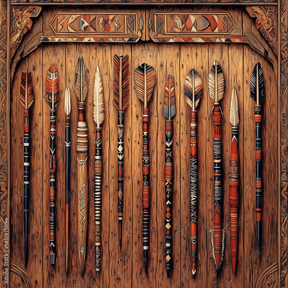 Poster collection of twelve ornate arrows with diverse patterns and colors displayed against a rustic woode