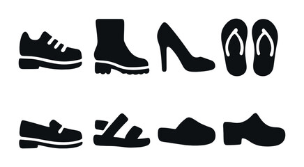 Footwear silhouette icons set – solid, outline, shoes and fashion symbols