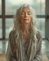 Senior woman meditating peacefully, radiating harmony and calm