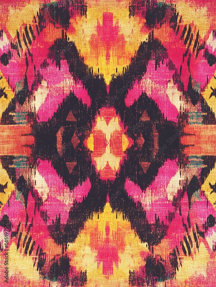 Poster vibrant abstract textile design with pink, yellow, and black patterns. symmetrical, kaleidoscopic im