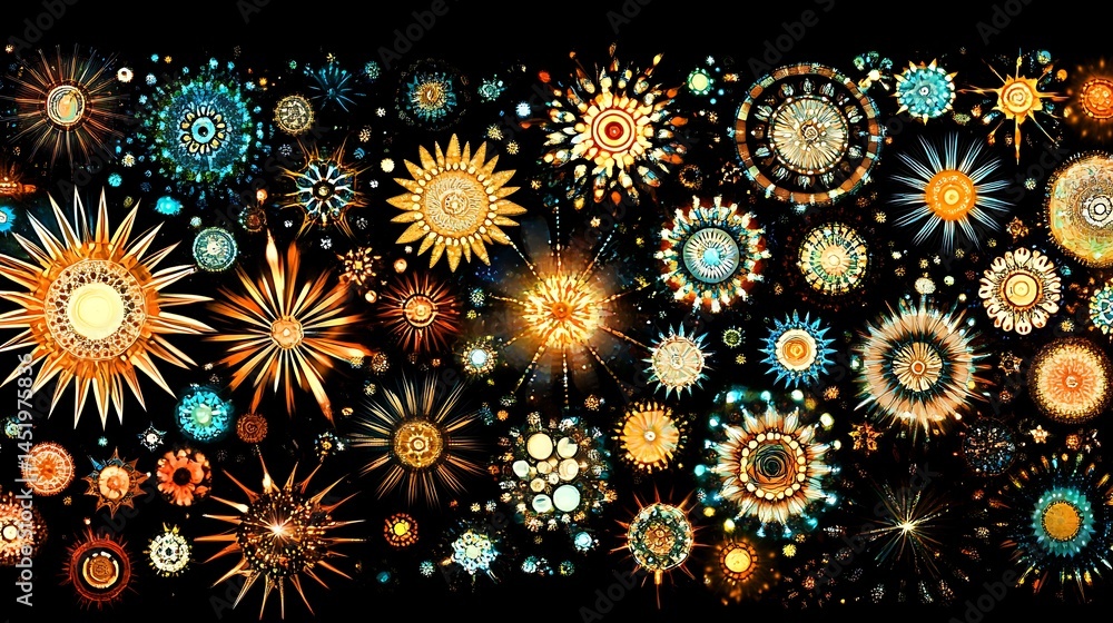 Poster vibrant fireworks display against a black background. various colors and shapes of fireworks burst a