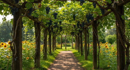 Naklejka premium Rustic Grape Arbor Path Surrounded By Vibrant Sunflowers In Lush Garden