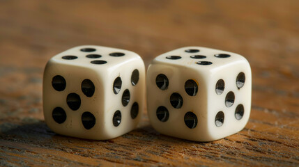 A Lucky Roll of Weathered Dice: Two vintage, ivory-colored dice with worn black spots are positioned closely together against a stark white backdrop, suggesting a moment of chance, games of fortune, o