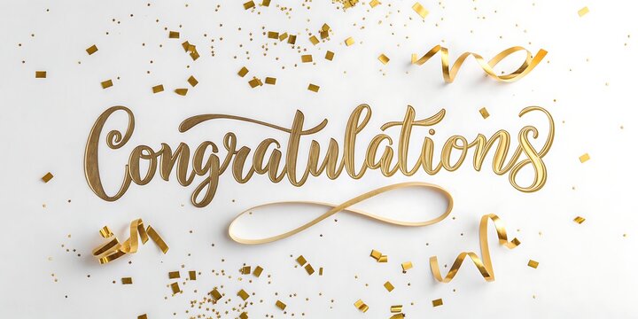 Golden Congratulations Celebrate Success with Festive Gold Confetti Ribbons on White Background