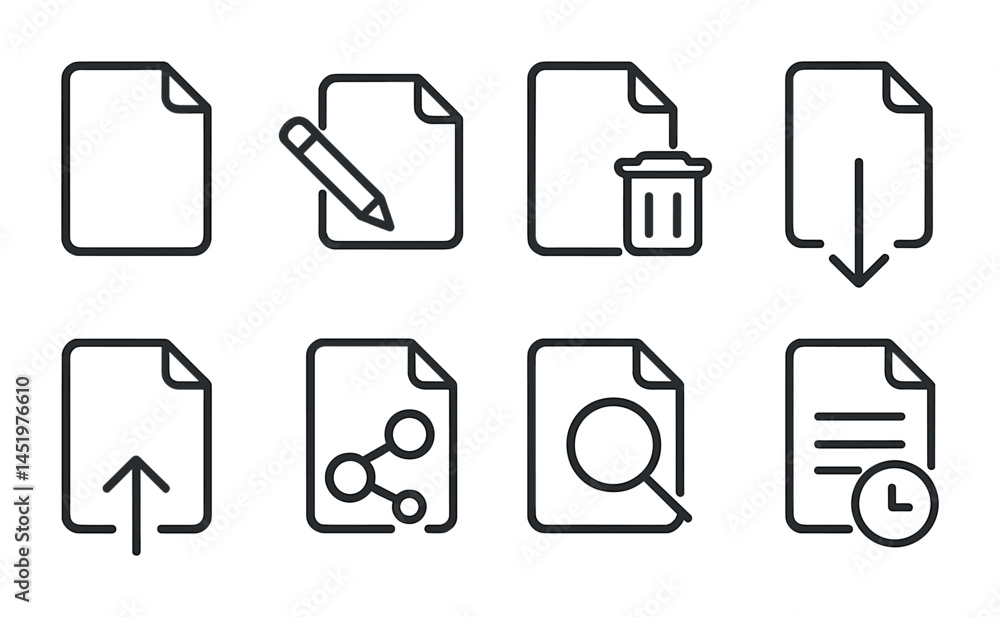 Poster document management linear icons set – line, outline, filing and organizing symbols