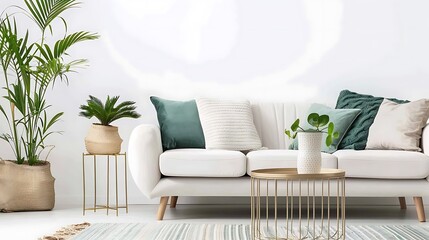 Interior design featuring a bright living room with white couch and plants