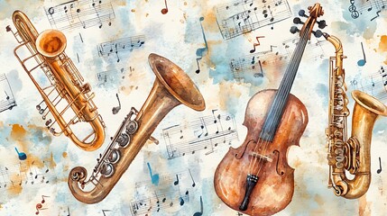 Watercolor painting of musical instruments on a sheet music background. The instruments include a saxophone, trombone, violin, and tuba. The painting is in soft, muted tones with a painterly style