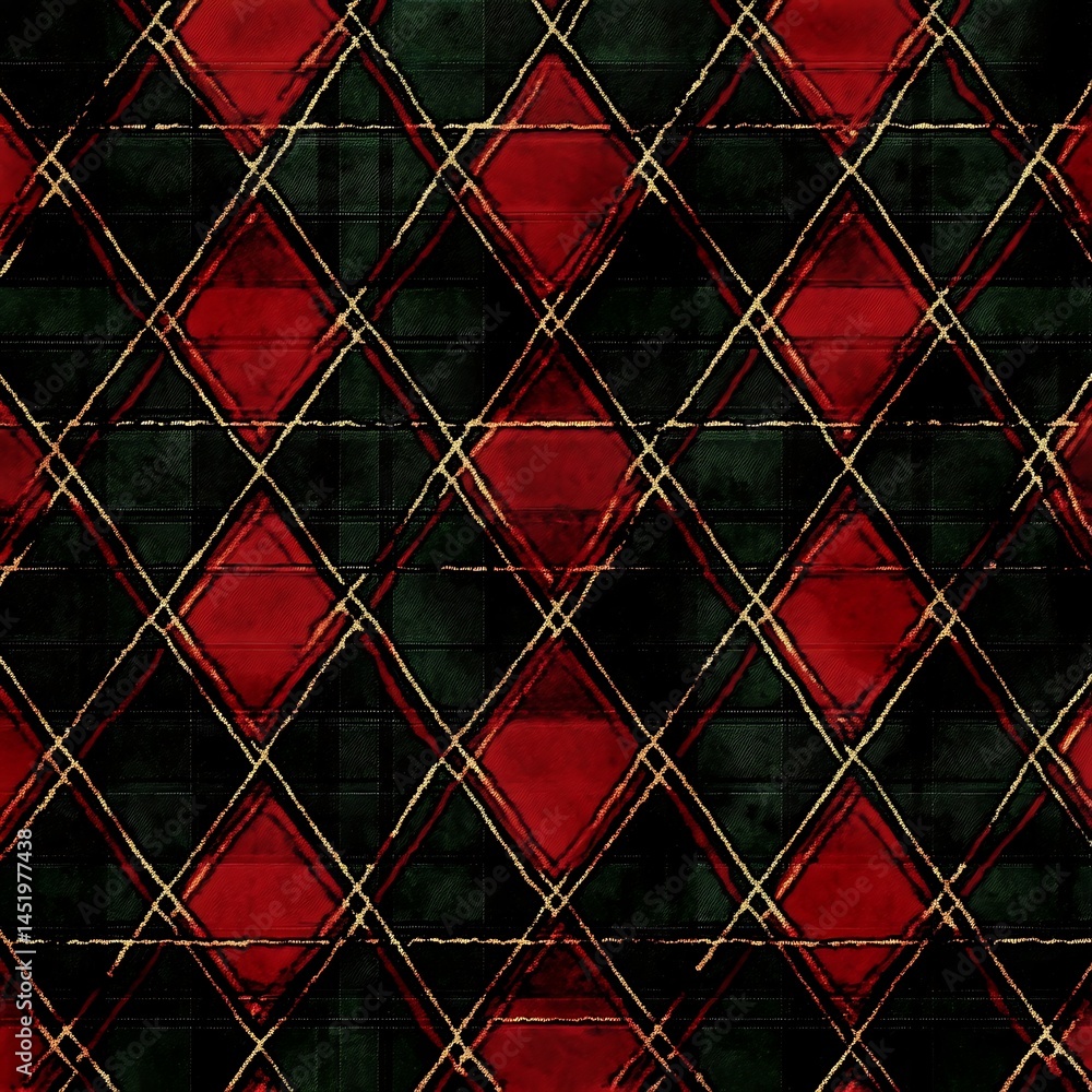 Poster red and green diamond pattern with gold lines watercolor texture background. seamless pattern design