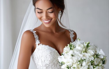 Naklejka premium an attractive woman in her wedding dress, smiling and holding flowers, against a white background.
