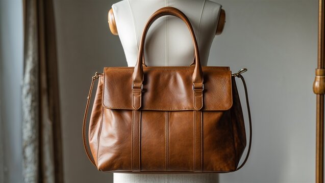 Photorealistic image of a leather handbag next to a store window