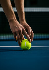 Tennis player picks up ball