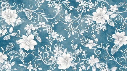 White floral pattern on a teal blue watercolor background. The design features delicate flowers and intricate vines, creating a romantic and elegant aesthetic. The soft, muted colors evoke a sense of