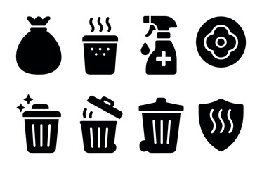Cleaning and hygiene solid icons set – waste, sanitation, cleaning symbols