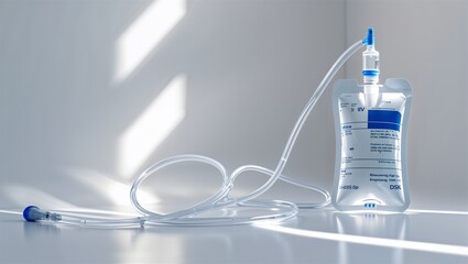 Photorealistic image of a iv drip bag in clean white studio lighting