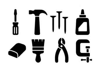 Construction and tools silhouette icons set – hardware, repair, equipment symbols