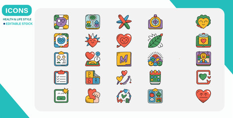 Obraz premium Healthy Lifestyle Icons Set Flat Vector on White Background