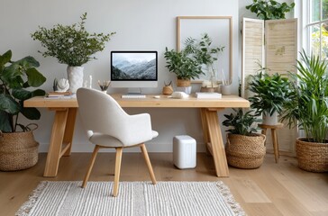Home office with a desk, a brown chair, and plants on a white wall.