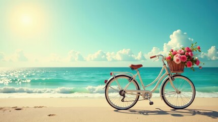 Fototapeta premium A Serene Coastal Scene Featuring a White Bicycle Adorned with a Basket of Pink Roses, Resting on a Sandy Beach Under a Sunny Sky