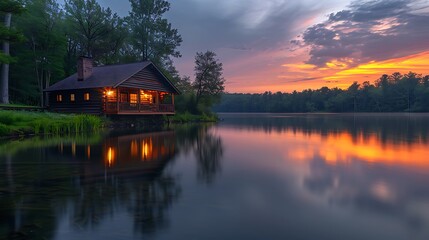 Fototapeta premium Warm light inside forest lake house high resolution picture