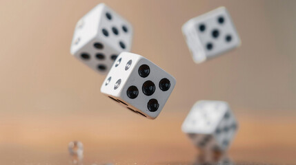 A Lucky Roll of Weathered Dice: Two vintage, ivory-colored dice with worn black spots are positioned closely together against a stark white backdrop, suggesting a moment of chance, games of fortune, o