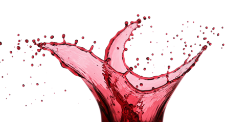 A vibrant red wine splash bursts from a glass as more of the rich liquid pours in, isolated against a crisp white backdrop