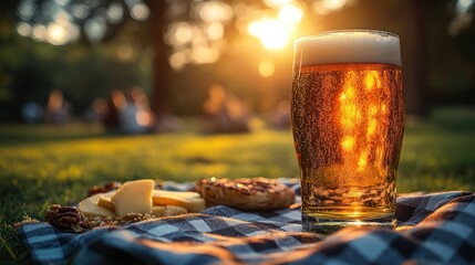 Glass of beer on a picnic blanket with snacks in a sunny park.