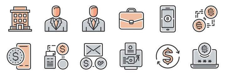 Business icon sheet with building, briefcase, dollar sign, and laptop – Perfect for corporate branding, business presentations, or professional materials