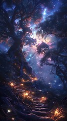 Whimsical night forest with mushroom glow high resolution picture