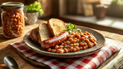 Hearty english lunch: sausages, beans, toast on rustic plate, meica jar, red-white cloth, sunlit kitchen vibe