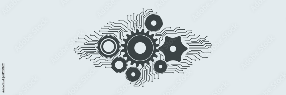 Poster vector icon sheet of mechanical gears and circuit board traces merging – ideal for manufacturing inn