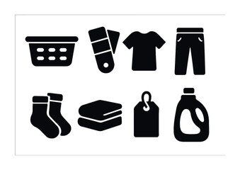 Laundry and clothing silhouette icons set – apparel, garment, cleaning symbols