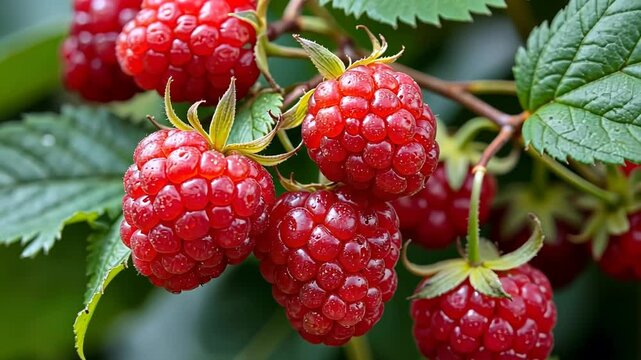 Fresh Raspberries Growing on the Vine Against Lush Green Leaves  