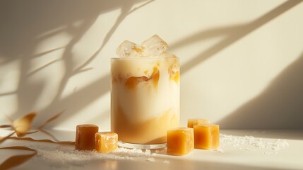 Iced coffee swirling with milk, clear ice, caramel, salt on white table with sunlight shadows