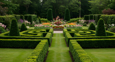 Formal Garden With Maze Like Hedges And Colorful Flowers On A Sunny Day