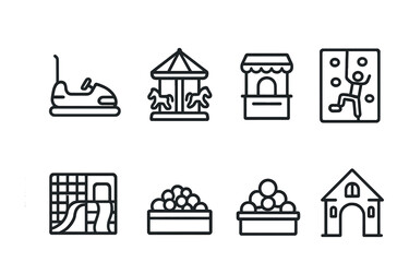 Amusement park outline icons set – flat, linear, theme park vector symbols