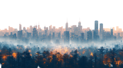 City skyline emerging from a foggy forest at night.
