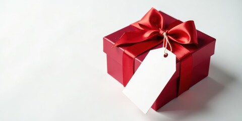 A crimson gift box adorned with a luxurious satin ribbon and a blank tag, ready for a heartfelt message