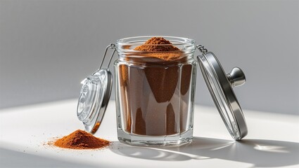 Photorealistic image of a glass spice container with anti-slip base on a white background