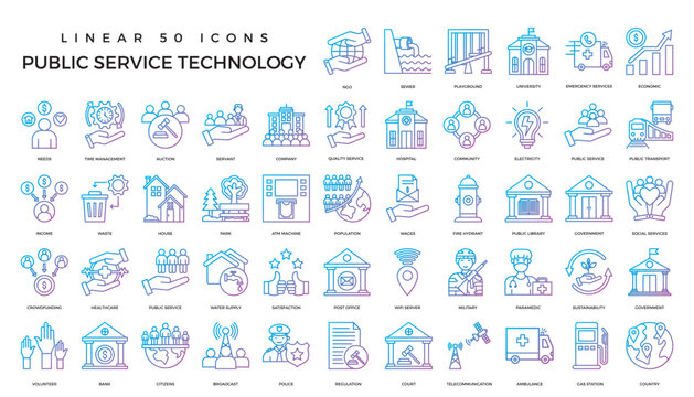 Vector set of thin linear 50 icons, related to public service technology for intelligent urbanism, smart city and urban development. Mono line pictograms and infographics design elements.by kus wandok