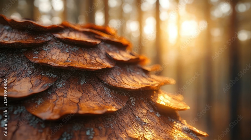 Poster close-up of a textured, layered, wood-like sphere in a forest setting